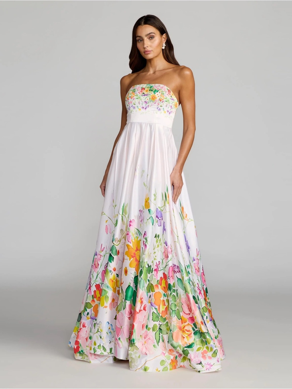 Mac Duggal 8470 Ivory Multi Floral Print Strapless Satin A Line Gown With Sz 12